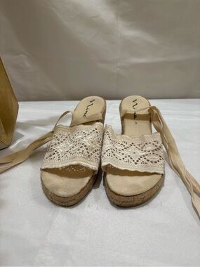 Nina Cream Lace Espadrille Slide Sandals with Ankle Ties